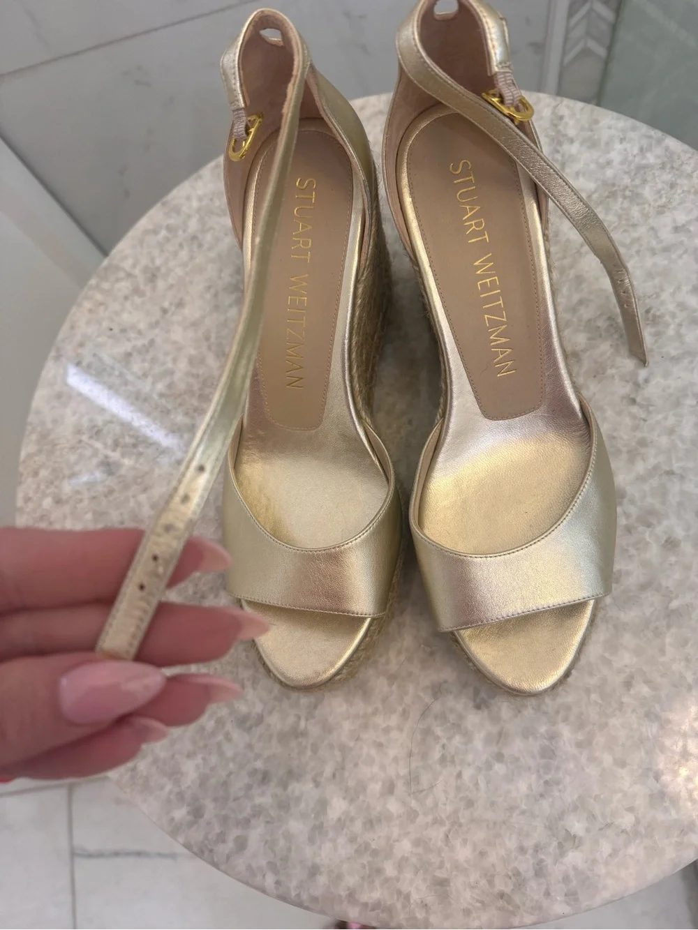 Stuart Weitzman Gold Espadrille Wedge Sandals